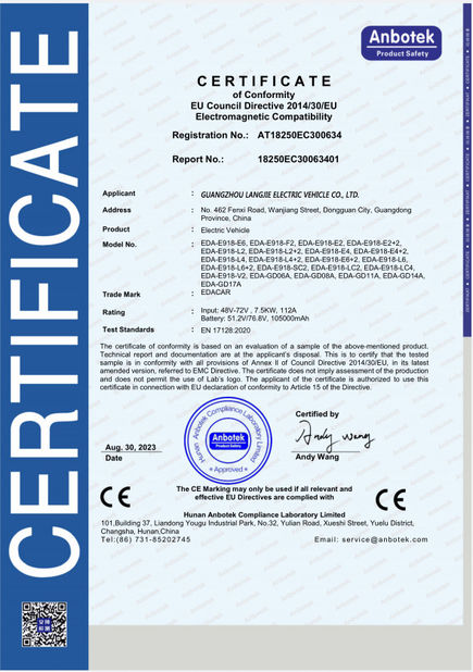 Κίνα Guangzhou Langjie Electric Vehicle Co., Ltd. Πιστοποιήσεις